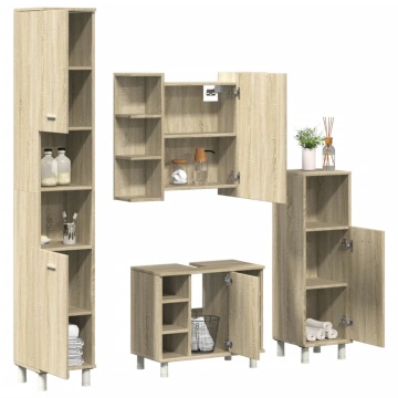 Set mobilier de baie, 4 piese, stejar sonoma, lemn prelucrat - Img 1