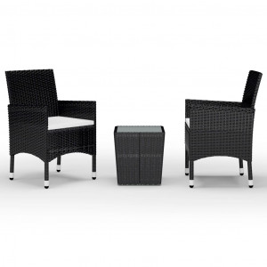 Set mobilier de bistro, 3 piese, negru, poliratan și sticlă - Img 1