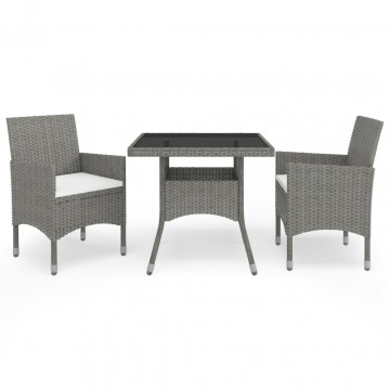 Set mobilier de exterior, 3 piese, gri, poliratan și sticlă - Img 1