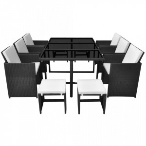 Set mobilier de exterior cu perne, 11 piese, negru, poliratan - Img 3
