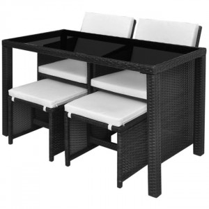 Set mobilier de exterior cu perne, 5 piese, negru, poliratan - Img 5