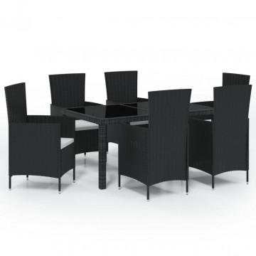 Set mobilier de exterior cu perne, 7 piese, negru, poliratan - Img 2