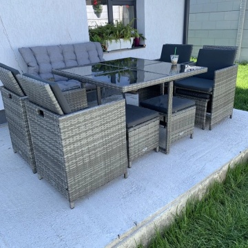 Set mobilier de exterior cu perne, 9 piese, gri, poliratan - Img 9