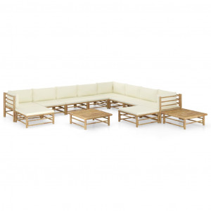 Set mobilier de grădină, 12 piese, perne alb crem, bambus - Img 1
