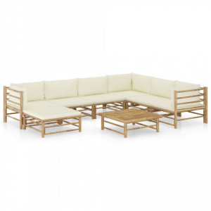 Set mobilier de grădină, 8 piese, perne alb crem, bambus - Img 1
