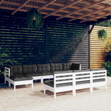 Set mobilier de grădină cu perne, 10 piese, alb, lemn de pin - Img 1