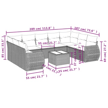 Set mobilier de grădină cu perne, 10 piese, gri, poliratan - Img 7