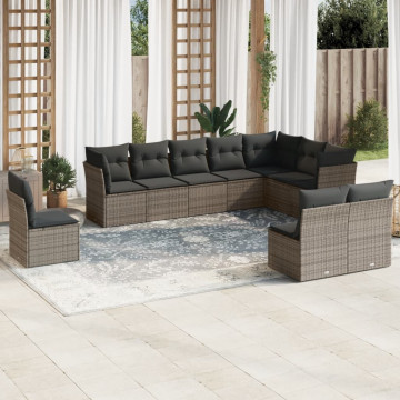 Set mobilier de grădină cu perne, 10 piese, gri, poliratan - Img 1