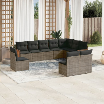 Set mobilier de grădină cu perne, 10 piese, gri, poliratan - Img 1