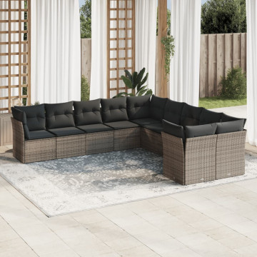 Set mobilier de grădină cu perne, 10 piese, gri, poliratan - Img 1