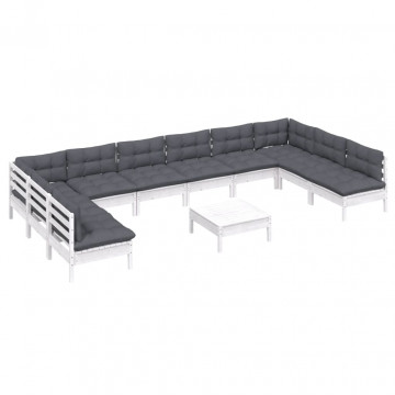 Set mobilier de grădină cu perne, 11 piese, alb lemn masiv pin - Img 3