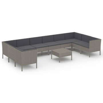 Set mobilier de grădină cu perne, 11 piese, gri, poliratan - Img 2