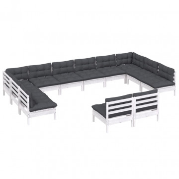 Set mobilier de grădină cu perne, 12 piese, alb, lemn masiv pin - Img 3