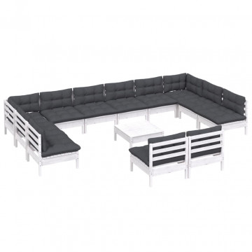 Set mobilier de grădină cu perne, 13 piese, alb, lemn masiv pin - Img 3