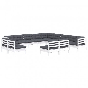 Set mobilier de grădină cu perne, 13 piese, alb, lemn masiv pin - Img 3