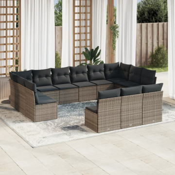 Set mobilier de grădină cu perne, 13 piese, gri, poliratan - Img 1