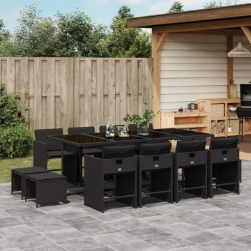 Set mobilier de grădină cu perne, 13 piese, negru, poliratan - Img 1