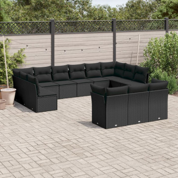 Set mobilier de grădină cu perne, 13 piese, negru, poliratan - Img 1