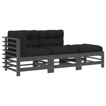 Set mobilier de grădină cu perne, 3 piese, gri, lemn masiv - Img 2