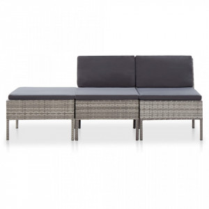 Set mobilier de grădină cu perne, 3 piese, gri, poliratan - Img 2