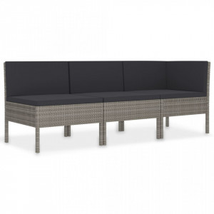 Set mobilier de grădină cu perne, 3 piese, gri, poliratan - Img 2