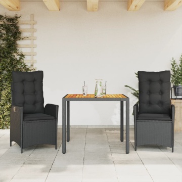 Set mobilier de grădină cu perne, 3 piese, negru, poliratan - Img 1