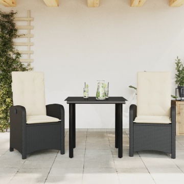 Set mobilier de grădină cu perne, 3 piese, negru, poliratan - Img 1