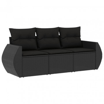 Set mobilier de grădină cu perne, 3 piese, negru, poliratan - Img 2