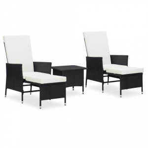 Set mobilier de grădină cu perne, 3 piese, negru, poliratan - Img 1