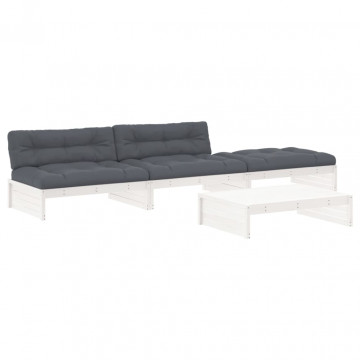Set mobilier de grădină cu perne, 4 piese, alb, lemn masiv - Img 2