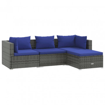 Set mobilier de grădină cu perne, 4 piese, gri, poliratan - Img 2