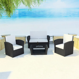 Set mobilier de grădină cu perne, 4 piese, negru, poliratan - Img 1