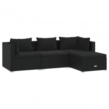 Set mobilier de grădină cu perne, 4 piese, negru, poliratan - Img 2