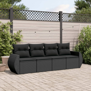 Set mobilier de grădină cu perne, 4 piese, negru, poliratan - Img 1