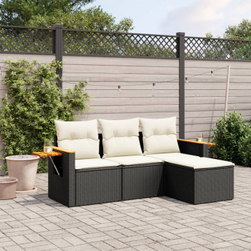 Set mobilier de grădină cu perne, 4 piese, negru, poliratan - Img 1
