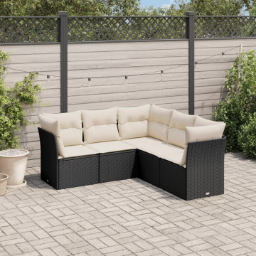 Set mobilier de grădină cu perne, 5 piese, negru, poliratan - Img 1