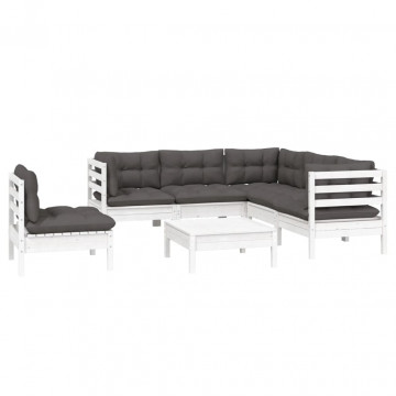 Set mobilier de grădină cu perne, 6 piese, alb, lemn de pin - Img 3