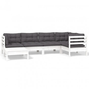 Set mobilier de grădină cu perne, 6 piese, alb, lemn masiv pin - Img 2