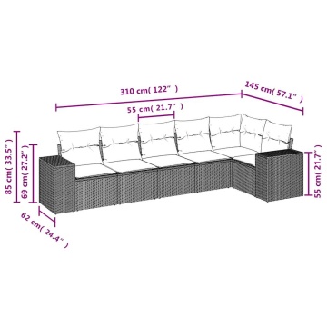Set mobilier de grădină cu perne, 6 piese, negru, poliratan - Img 6