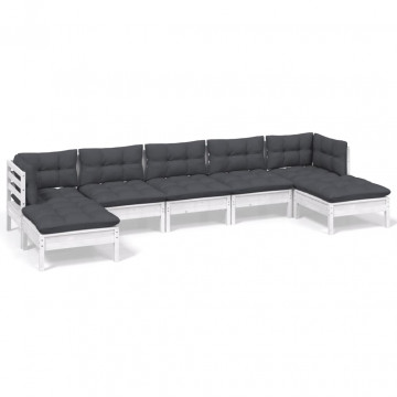Set mobilier de grădină cu perne, 7 piese, alb, lemn de pin - Img 2