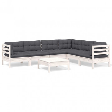 Set mobilier de grădină cu perne, 7 piese, alb, lemn masiv pin - Img 2