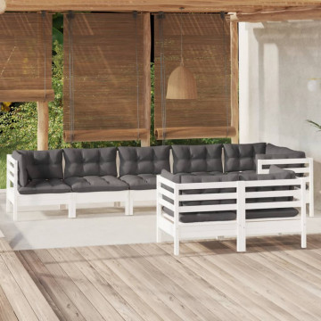 Set mobilier de grădină cu perne, 8 piese, alb, lemn masiv pin - Img 1