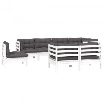 Set mobilier de grădină cu perne, 8 piese, alb, lemn masiv pin - Img 3