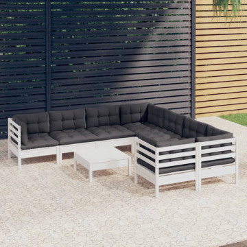 Set mobilier de grădină cu perne, 9 piese, alb, lemn de pin - Img 1
