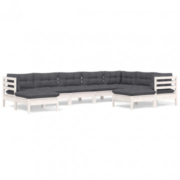 Set mobilier de grădină cu perne, 9 piese, alb, lemn masiv pin - Img 2