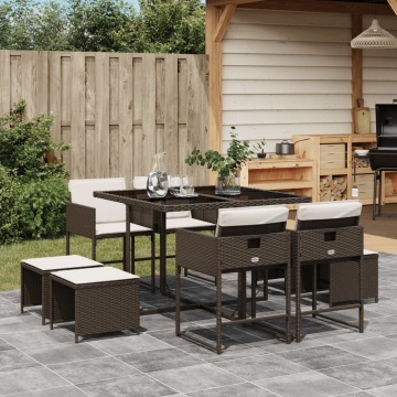 Set mobilier de grădină cu perne, 9 piese, maro, poliratan - Img 1