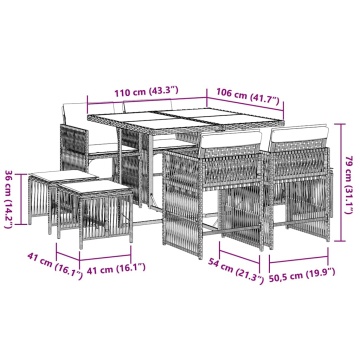 Set mobilier de grădină cu perne, 9 piese, maro, poliratan - Img 5