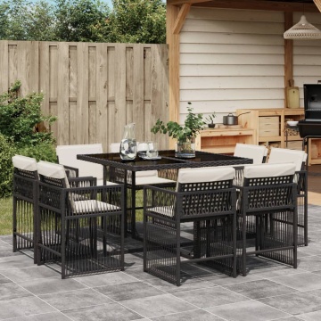 Set mobilier de grădină cu perne, 9 piese, negru, poliratan - Img 1