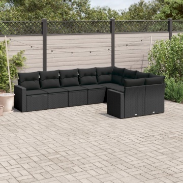 Set mobilier de grădină cu perne, 9 piese, negru, poliratan - Img 1