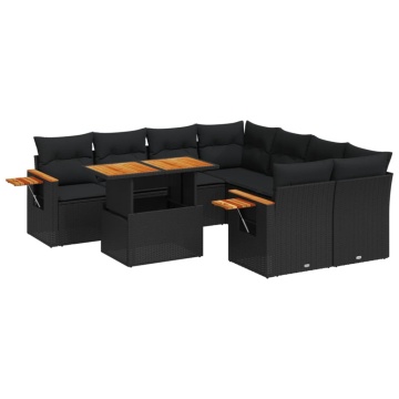 Set mobilier de grădină cu perne, 9 piese, negru, poliratan - Img 2